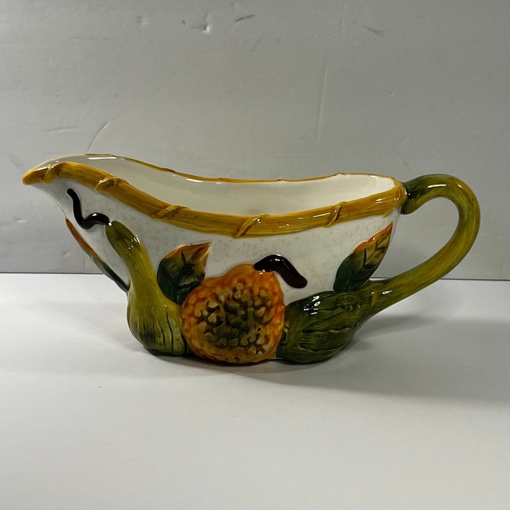 Fall Harvest Gravy Boat Cooks Club Ceramic Raised  Pumpkin Gourds Thanksgiving